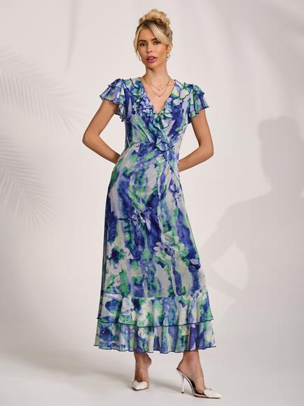 Jolie Moi V-Neck Ruffle Frill Maxi Dress, Blue, Blue