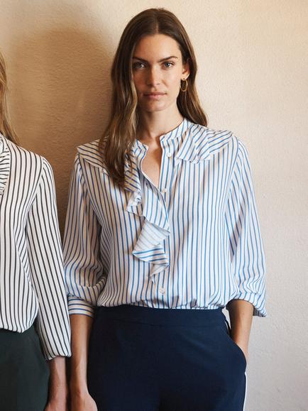 NRBY Harri Stripe Pure Silk Shirt, Azure/Ivory, Azure/Ivory