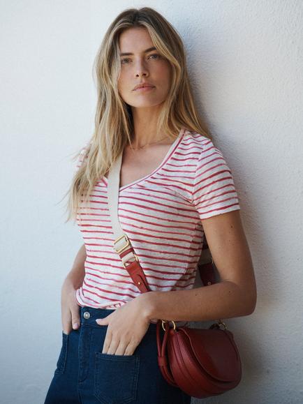 NRBY Charlie Stripe Pure Linen T-Shirt, Red/Multi