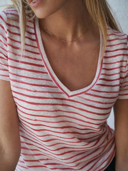 NRBY Charlie Stripe Pure Linen T-Shirt - view 2, Red/Multi