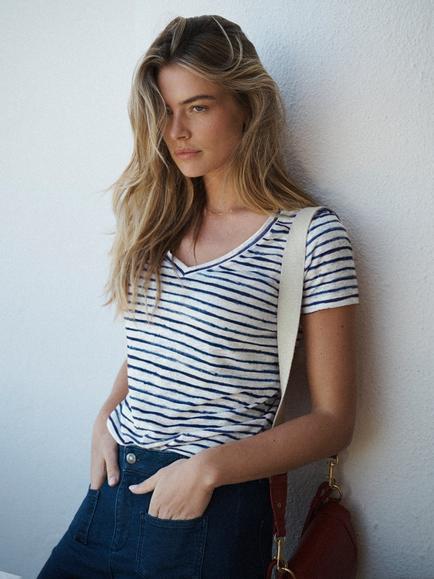NRBY Charlie Stripe Pure Linen T-Shirt, Blue/Multi