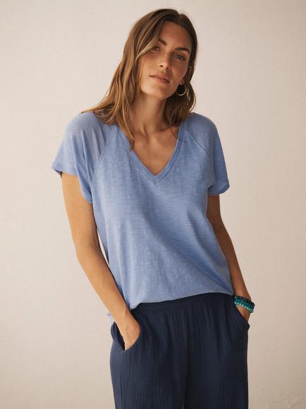NRBY Wanda V-Neck Pure Linen T-Shirt, Red, Mid Blue