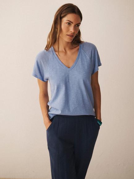NRBY Wanda V-Neck Pure Linen T-Shirt, Red - view 2, Mid Blue
