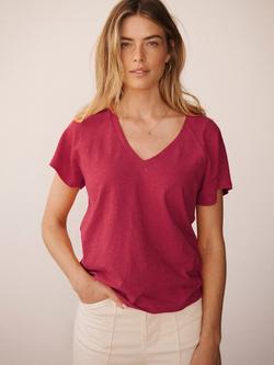 NRBY Wanda V-Neck Pure Linen T-Shirt, Red, Red