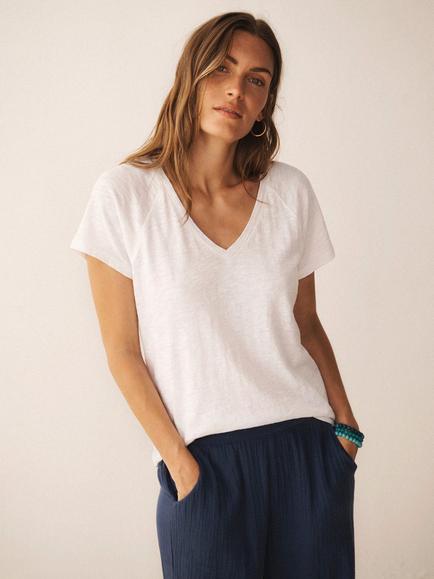 NRBY Wanda V-Neck Cotton Linen T-Shirt, White, White