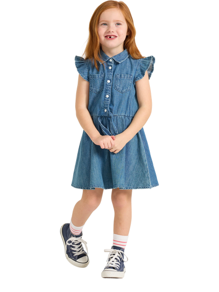 Lindex Kids' Flutter Sleeve Shirt Dress, Blue, Blue