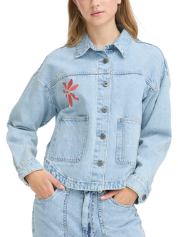 ICHI Bauve Embroidered Denim Jacket, Light Blue Washed, Light Blue Washed
