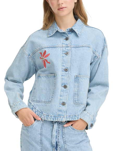ICHI Bauve Embroidered Denim Jacket, Light Blue Washed, Light Blue Washed