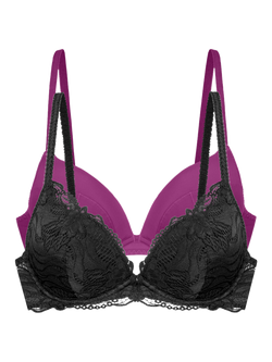 Dorina Angie Push Up Plunge Bra, Pack of 2, Black/Fuchsia