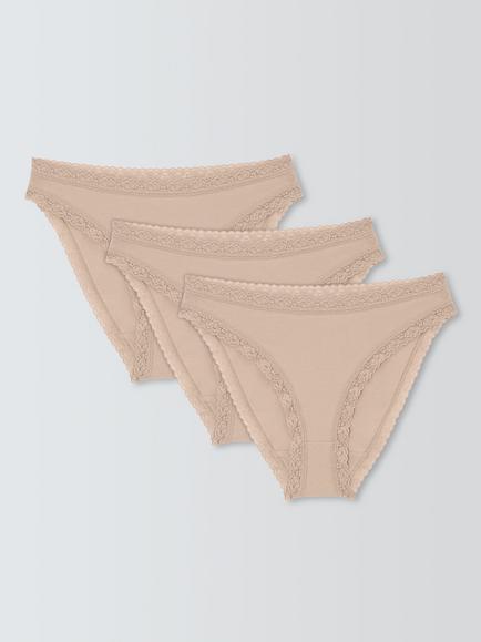 John Lewis Lace Trim Bikini Knickers, Pack of 3, Almond, Almond