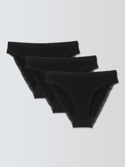 John Lewis Lace Trim Bikini Knickers, Pack of 3, Black, Black