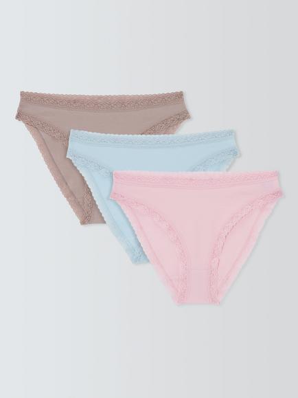 John Lewis Lace Trim Bikini Knickers, Pack of 3, Pink/Sage/Blue, Pink/Sage/Blue