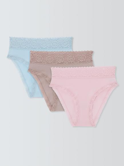 John Lewis Lace Trim High Waist Knickers, Pack of 3, Pink/Sage/Blue, Pink/Sage/Blue