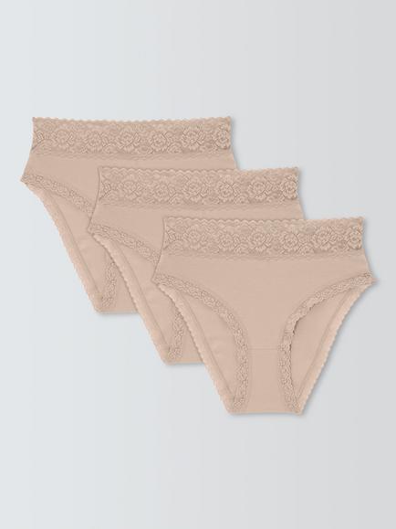 John Lewis Lace Trim High Waist Knickers, Pack of 3, Almond
