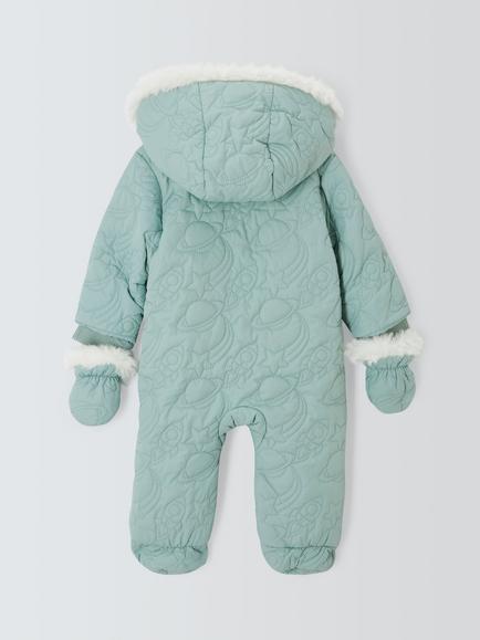 John Lewis Baby Space Quilted Snowsuit, Green - view 2, Green