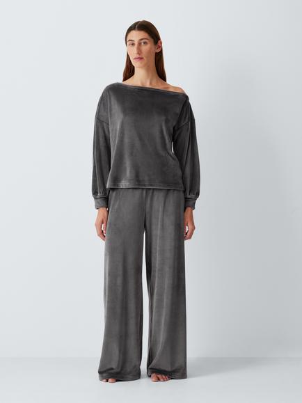 John Lewis Velour Wide Leg Lounge Set, Charcoal - view 2, Charcoal