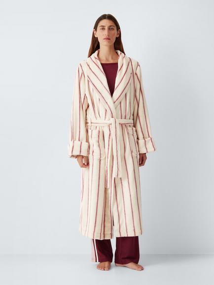 John Lewis Luxury Fleece Stripe Robe, Ivory / Pink, Ivory / Pink