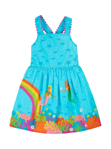 Frugi Kids' Seraphina Mermaid Print Cotton Dress, Blue Multi, Blue Multi