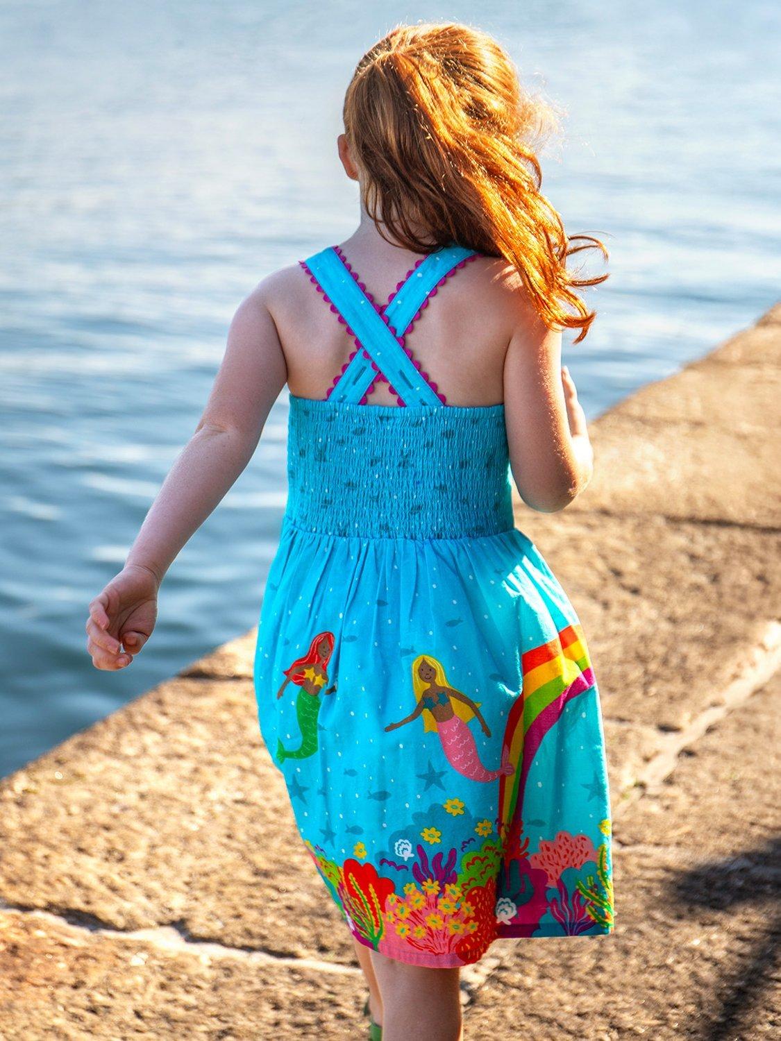 frugi mermaid dress Frugi Kids' Seraphina Mermaid Print Cotton Dress, Blue Multi