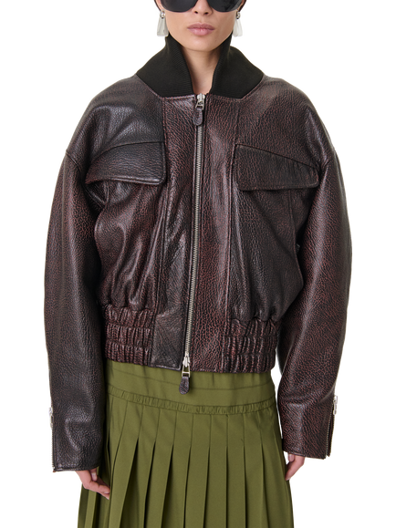 IRO Aster Grained Leather Bomber Jacket, Burgundy, Burgundy