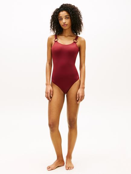 Tommy Hilfiger Scoop Back Bandeau Swimsuit - view 2, Red Cherry