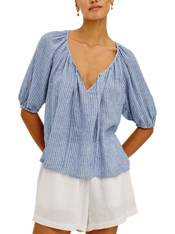 Rails Kirstie Short Sleeve Striped Linen Blend Blouse, Blue/White, Blue/White