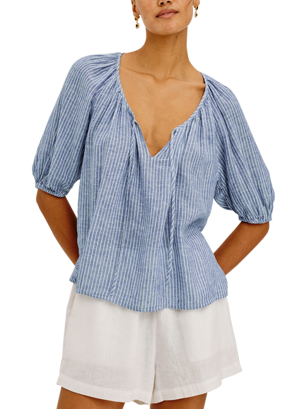 Rails Kirstie Short Sleeve Striped Linen Blend Blouse, Blue/White, Blue/White