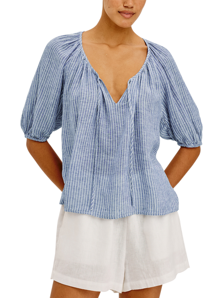 Rails Kirstie Short Sleeve Striped Linen Blend Blouse, Blue/White - view 2, Blue/White