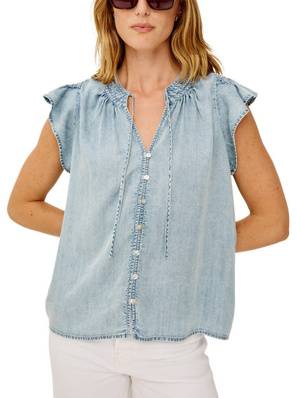 Rails Aviva Tie Detail Flutter Sleeve Denim Top, Bleached Indigo, Bleached Indigo