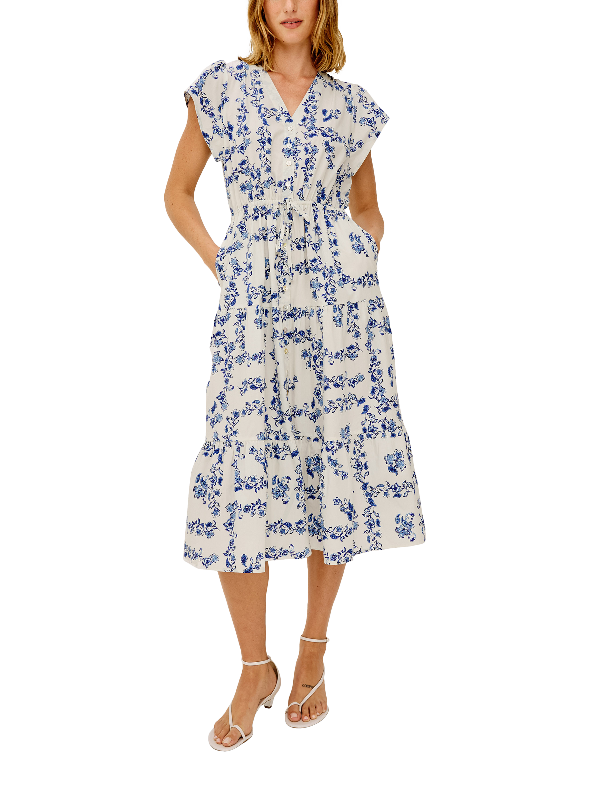 Rails Roza Floral Print Cap Sleeve Tiered Cotton Midi Dress, Ceramic Floral