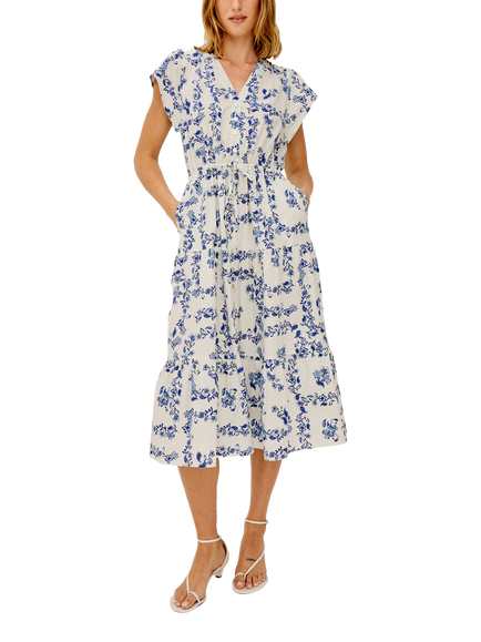 Rails Roza Floral Print Cap Sleeve Tiered Cotton Midi Dress, Ceramic Floral, Ceramic Floral