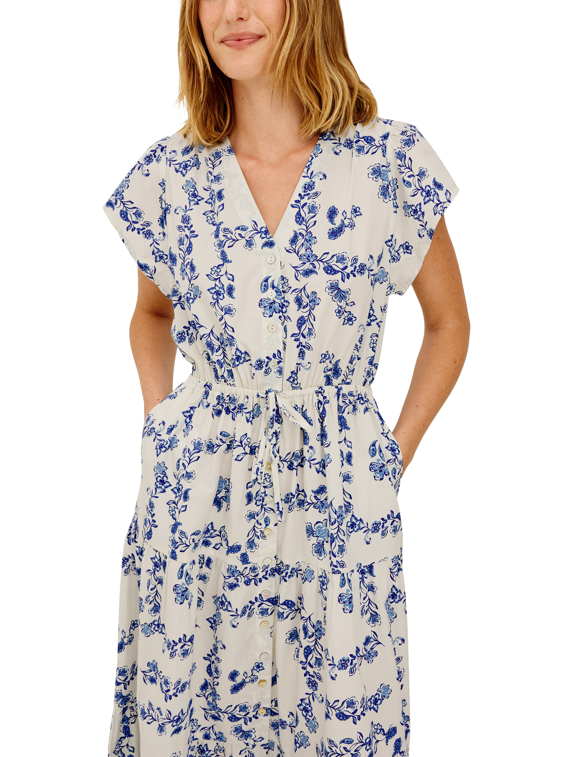 Rails Roza Floral Print Cap Sleeve Tiered Cotton Midi Dress, Ceramic Floral