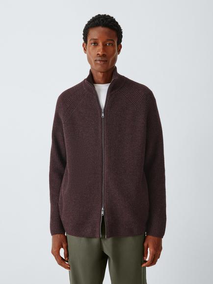 Kin Ribbed Zip Front Wool Blend Jumper, Grisaille, Dark Burgundy