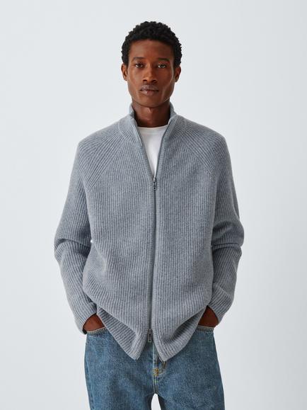 Kin Ribbed Zip Front Wool Blend Jumper, Grisaille, Grisaille