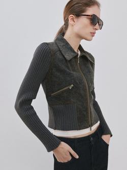 Mango Ribbed Sleeve Cropped Jacket, Anthracite, Anthracite