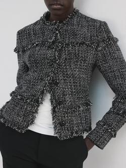 Mango Ruffle Trim Tweed Jacket, Black, Black