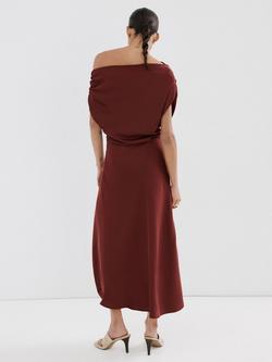 Mango Asymmetric Cowl Neck Draped Midi Dress, Bordeaux - view 2, Bordeaux