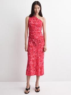 Mango Ruched Asymmetric Neck Midi Dress, Red, Red