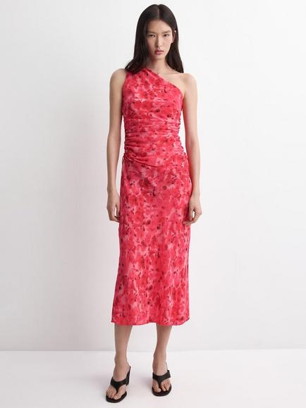 Mango Ruched Asymmetric Neck Midi Dress, Red, Red