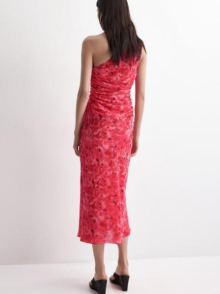 Mango Ruched Asymmetric Neck Midi Dress, Red - view 2, Red