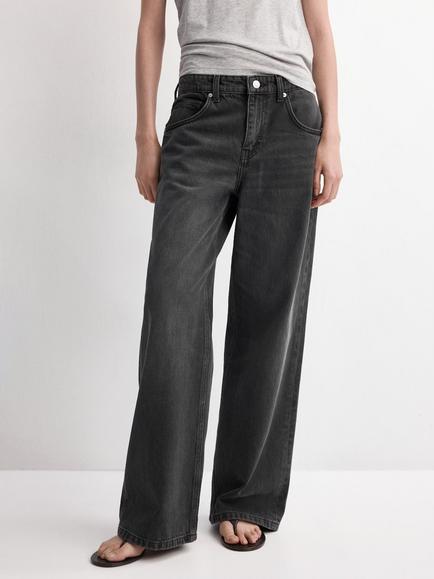 Mango Mid Rise Relaxed Wide Leg Jeans, Black, Black