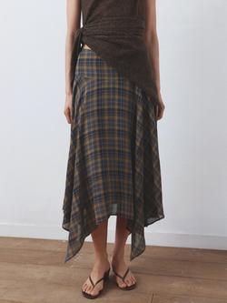 Mango Check Asymmetric Midi Skirt, Brown, Brown