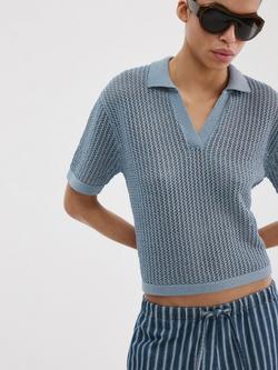 Mango Open Knit Polo Shirt, Sky Blue, Sky Blue