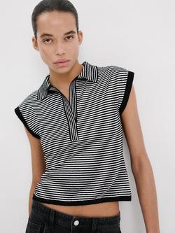 Mango Stripe Knit Polo Shirt, Black, Black