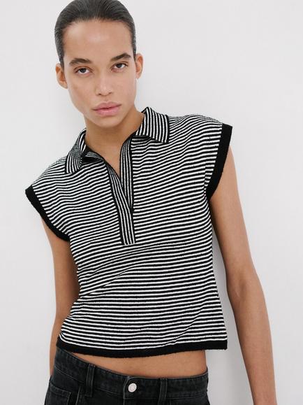 Mango Stripe Knit Polo Shirt, Black, Black