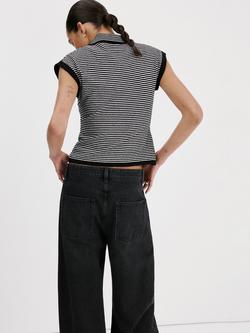 Mango Stripe Knit Polo Shirt, Black - view 2, Black