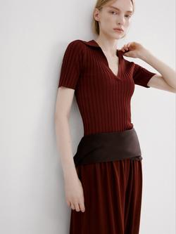 Mango Collared V-Neck Knit Top, Mid Red, Mid Red