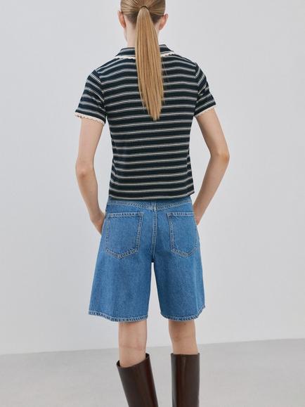 Mango Stripe Ribbed Polo Shirt, Navy/Multi - view 2, Navy/Multi