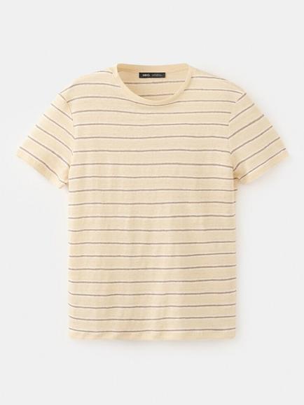 Mango Stripe Pure Linen T-Shirt, Yellow, Yellow