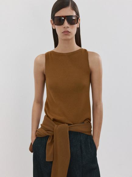 Mango Sleeveless Cotton Blend Top, Caramel, Caramel